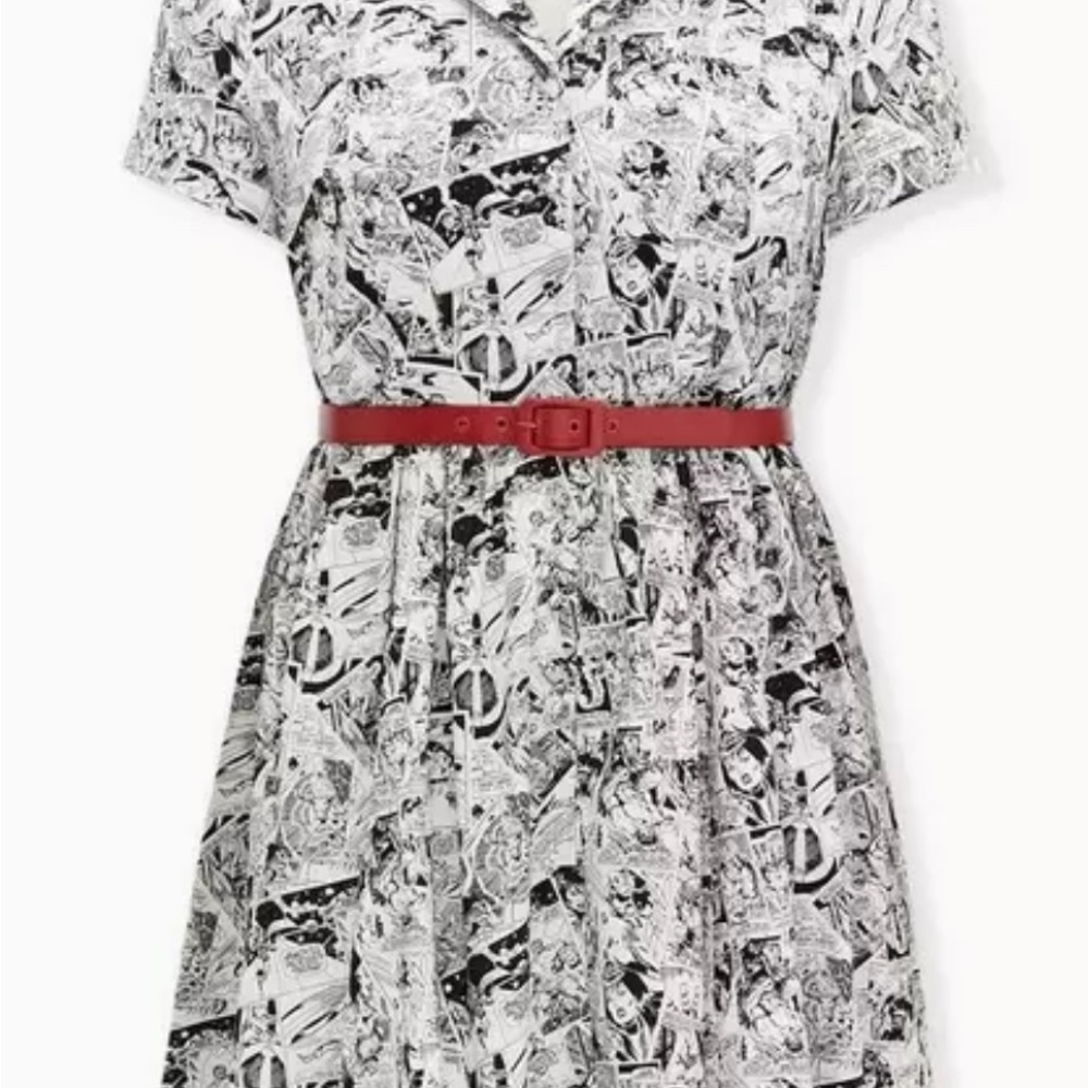 Torrid Black and white Marvel Graphic Midi Dress with Red Belt
